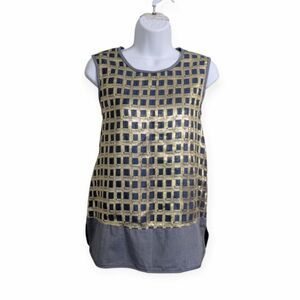 'S MaxMara Blue Gold Square Pattern Top Blouse Size 8 Sleeveless Luxury Party